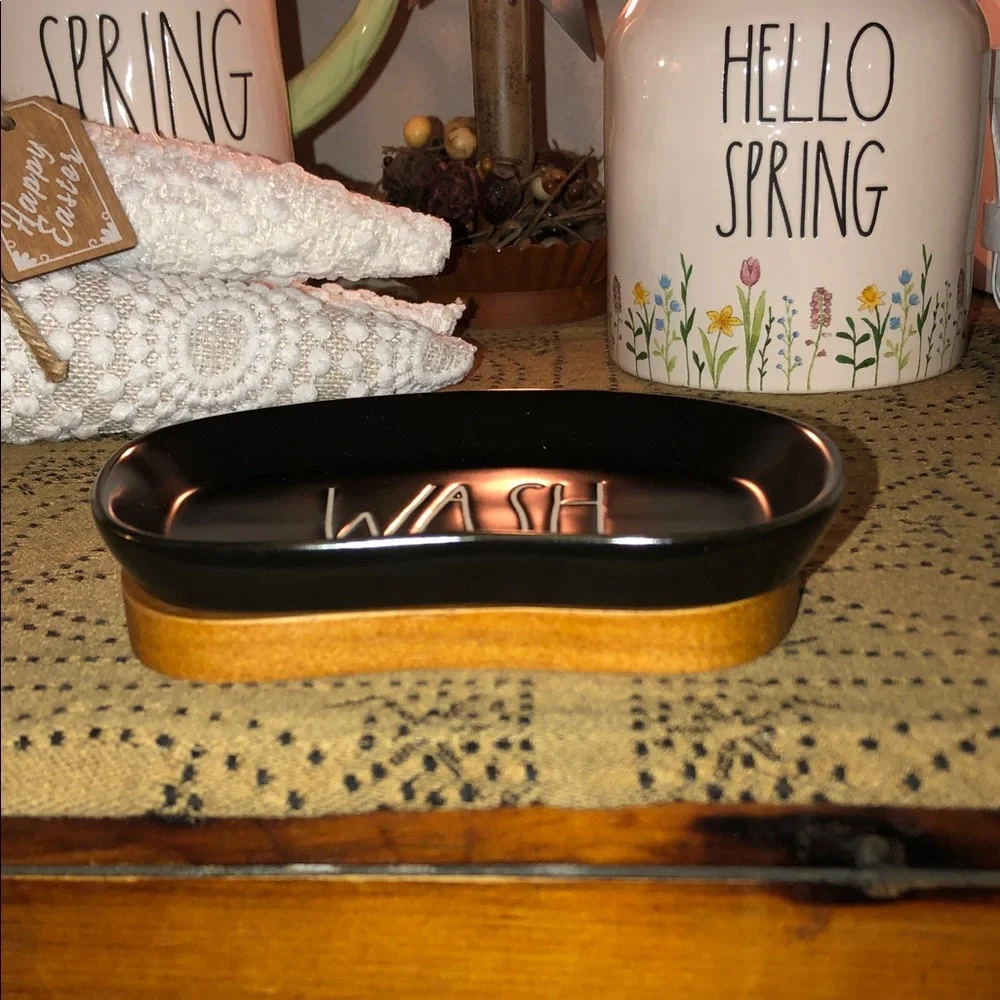 Rae Dunn WASH Black Soap Dish Wood Bottom - Picture 3 of 10